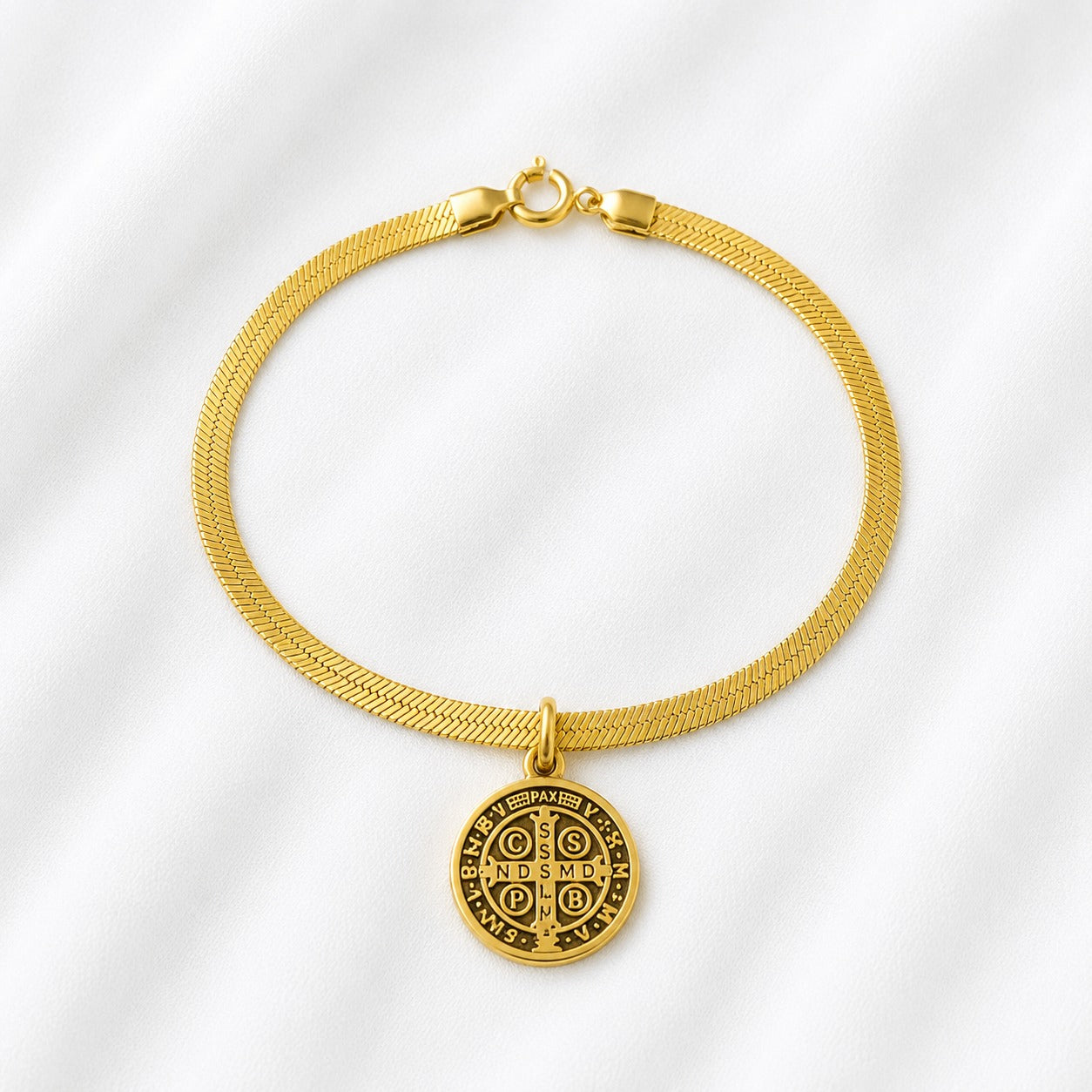 PULSEIRA INOX DOURADA MEDALHA SÃO BENTO MALHA FITA PREMIUM
