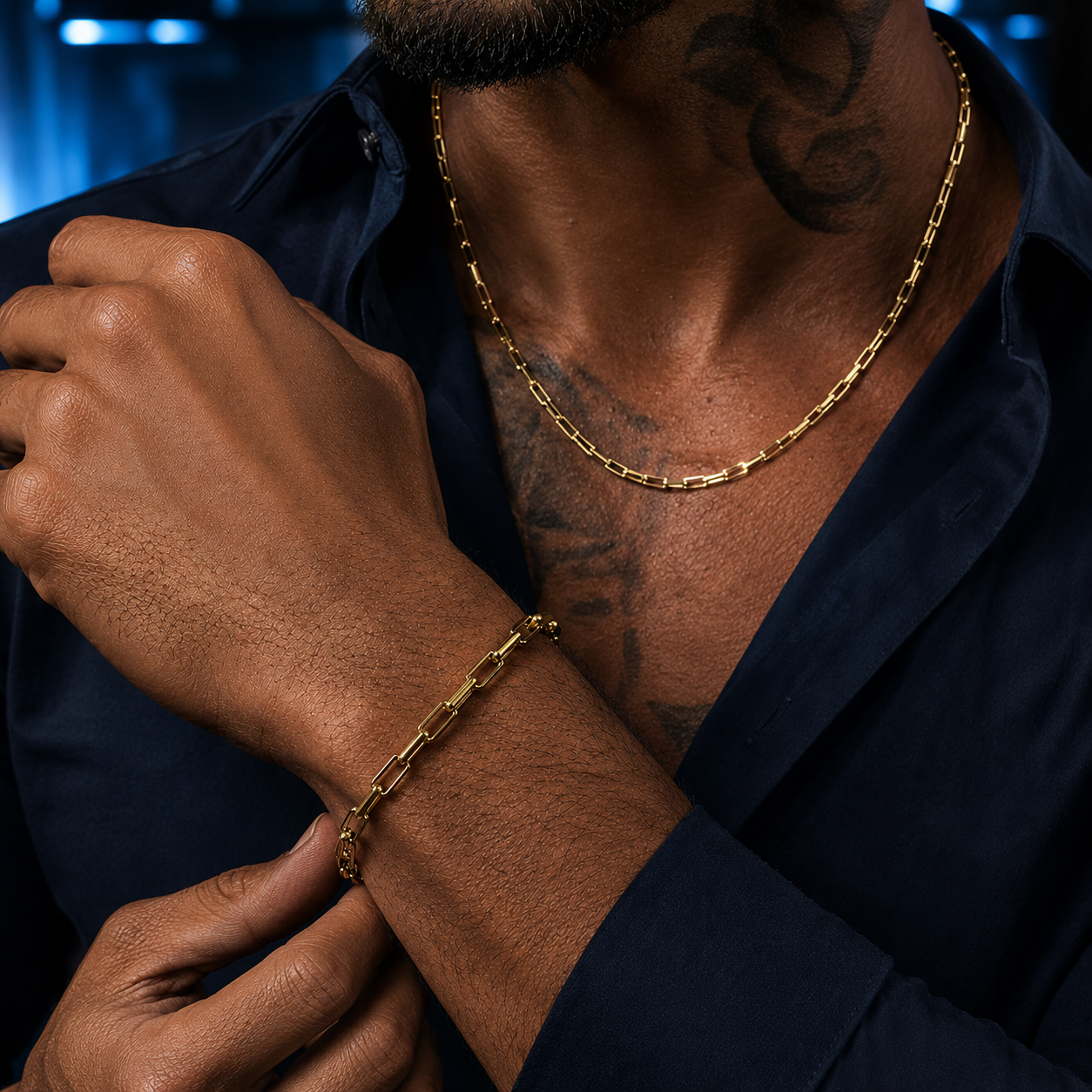 CONJUNTO INOX DOURADO MASCULINO ( PULSEIRA + CORRENTE )
