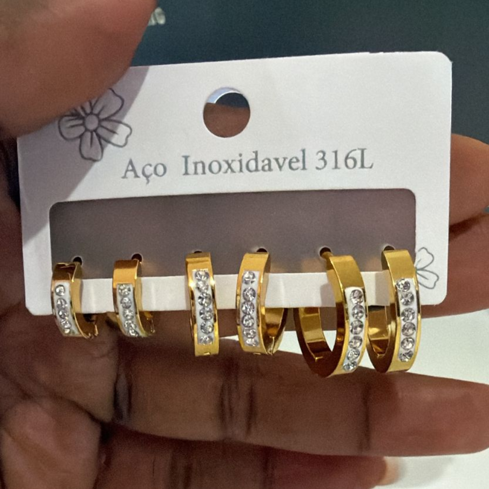 TRIO DE ARGOLA INOX DOURADO CRAVEJADO