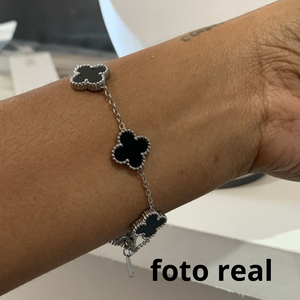 PULSEIRA INOX PRATA TREVOS PRETOS