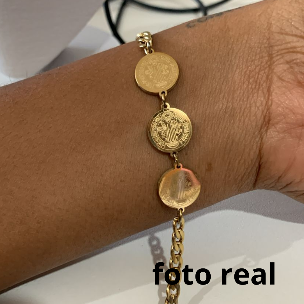PULSEIRA INOX DOURADO SÃO BENTO TRES MEDALHAS