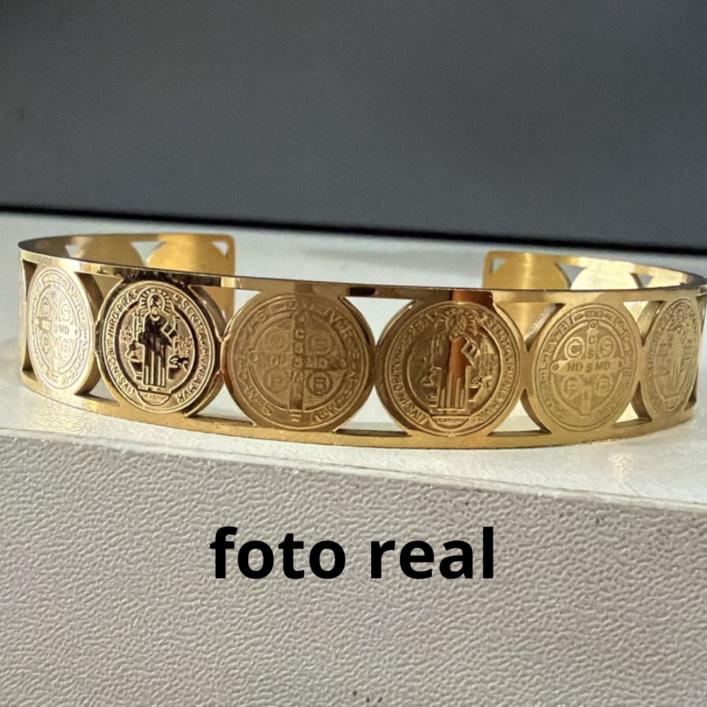 BRACELETE SÃO BENTO MEDALHAS INOX DOURADO