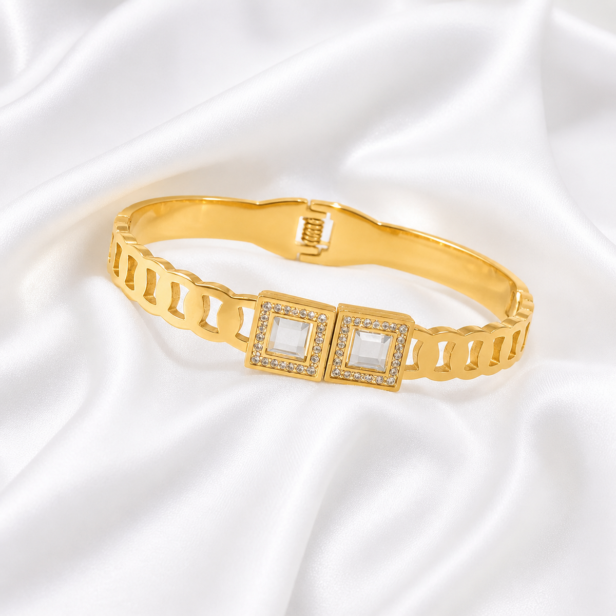 BRACELETE ZIRCONIAS QUADRADAS INOX DOURADO