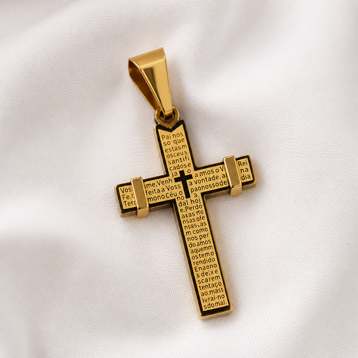PINGENTE CRUZ PAI NOSSO INOX DOURADO