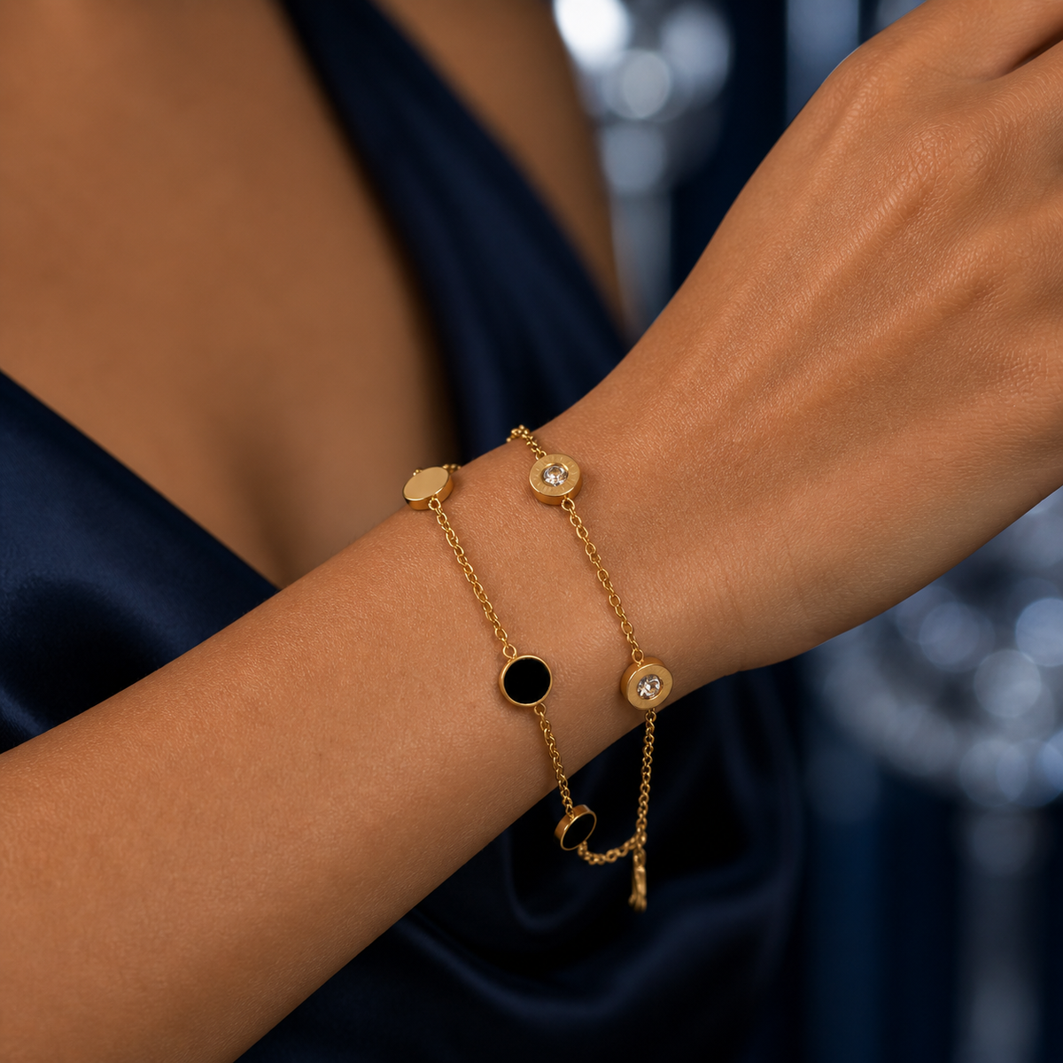 PULSEIRA FIO DUPLO PRETO E TRANSP INOX DOURADO
