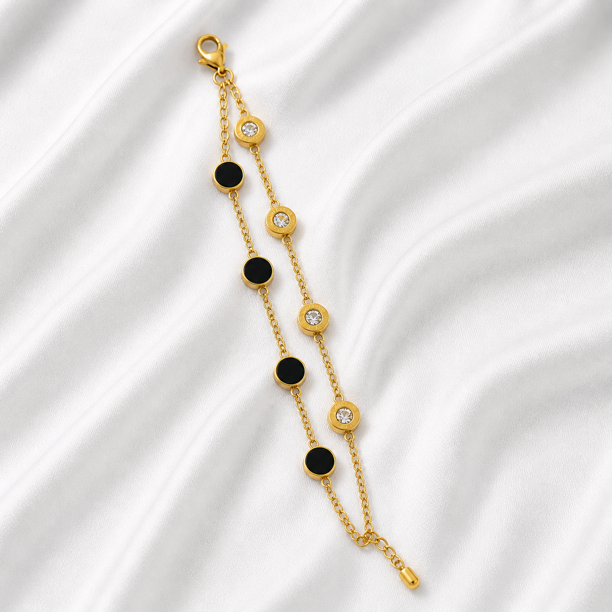 PULSEIRA FIO DUPLO PRETO E TRANSP INOX DOURADO