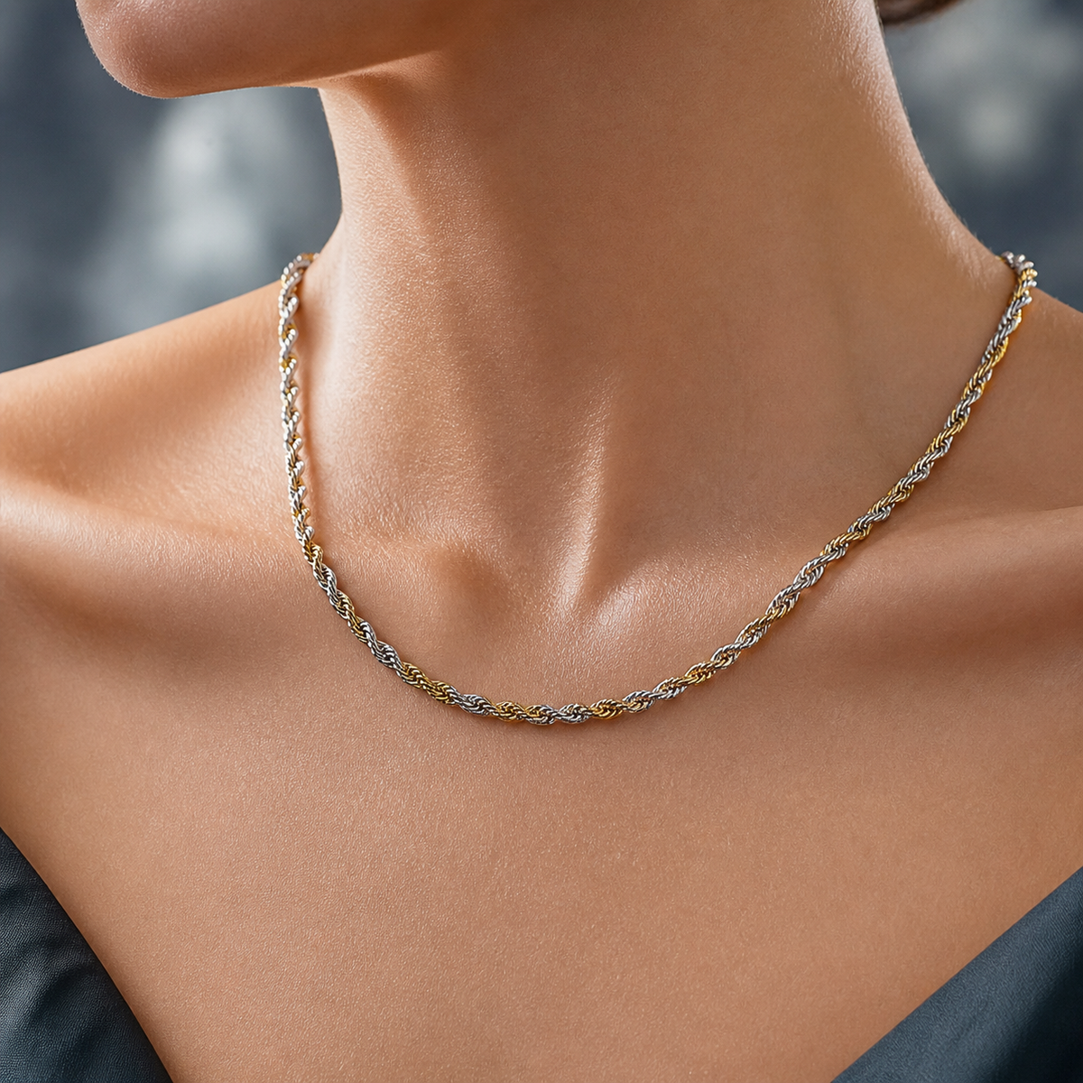 COLAR INOX PRATA E DOURADO ELO TORCIDO FINO 1.5MM