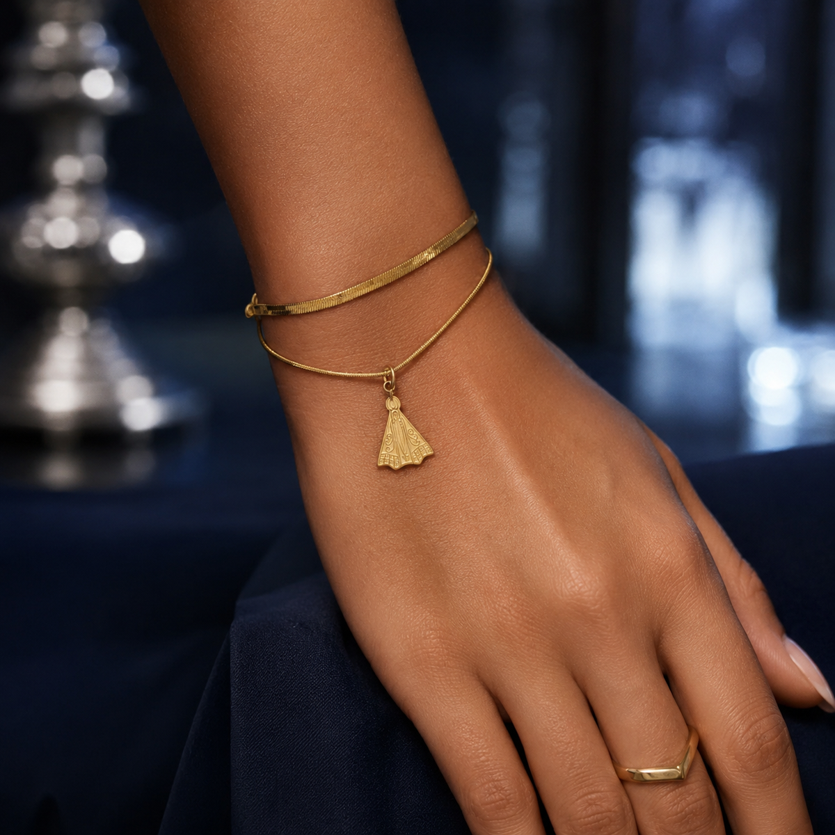 PULSEIRA INOX DOURADO DUPLA NOSSA SENHORA