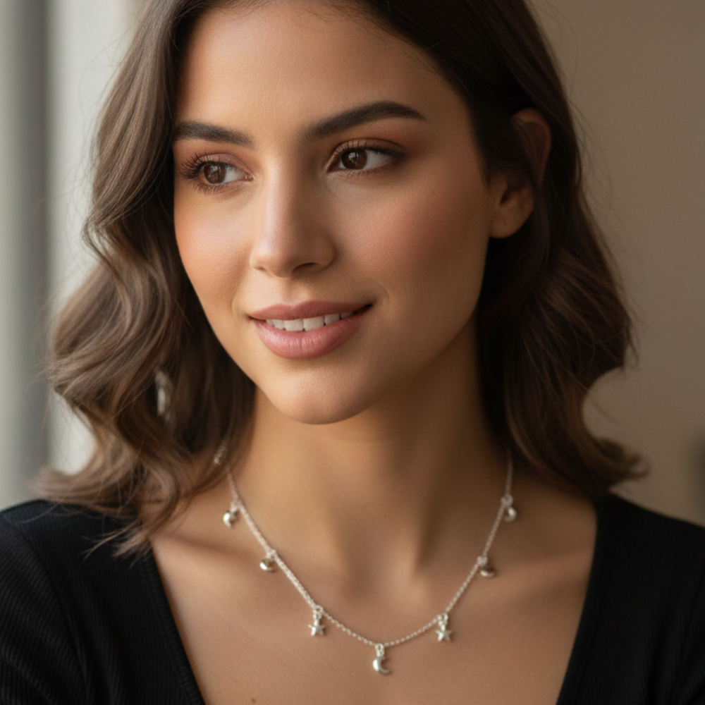 COLAR CHOKER PRATA LUA E ESTRELA