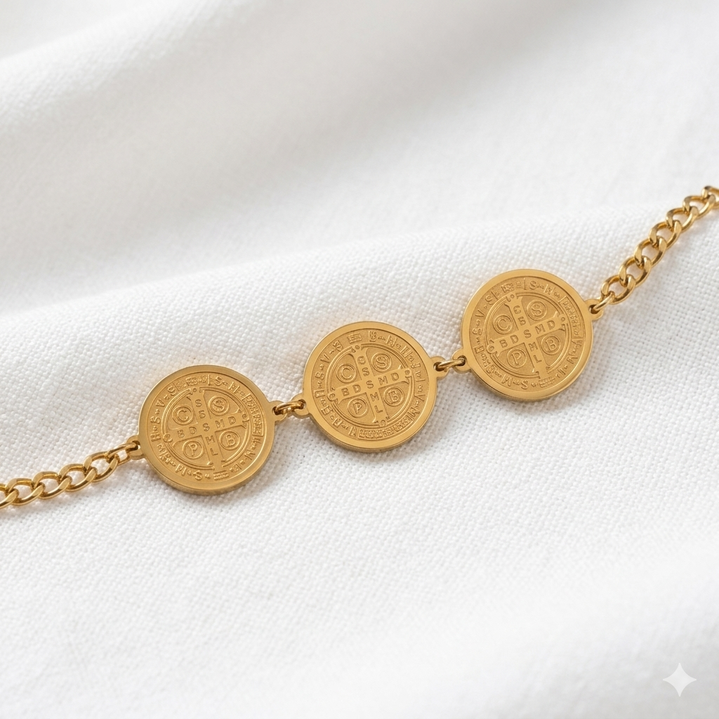 PULSEIRA INOX DOURADO SÃO BENTO TRES MEDALHAS