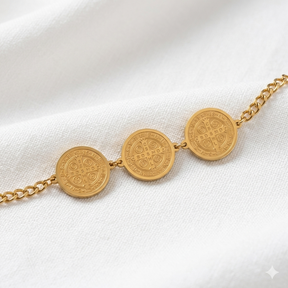 PULSEIRA INOX DOURADO SÃO BENTO TRES MEDALHAS
