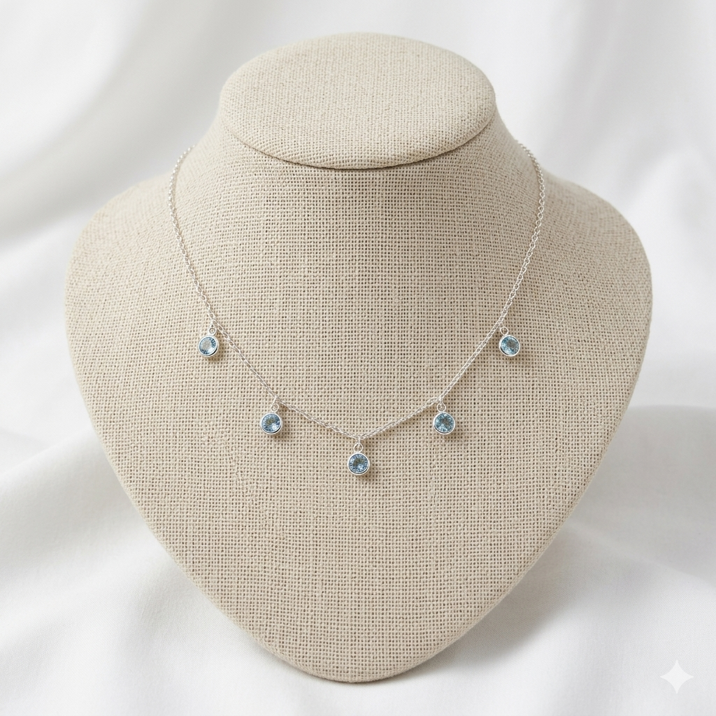 COLAR CHOKER ZIRCONIAS PENDURADAS AZUL CLARO