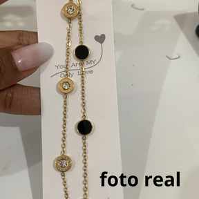 PULSEIRA FIO DUPLO PRETO E TRANSP INOX DOURADO