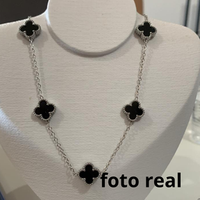 COLAR INOX PRATA VANCLEEF TREVOS PRETOS