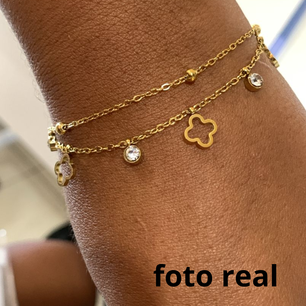 PULSEIRA INOX DOURADO DUPLA TREVO PEND