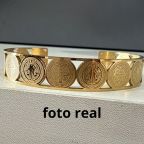 BRACELETE SÃO BENTO MEDALHAS INOX DOURADO