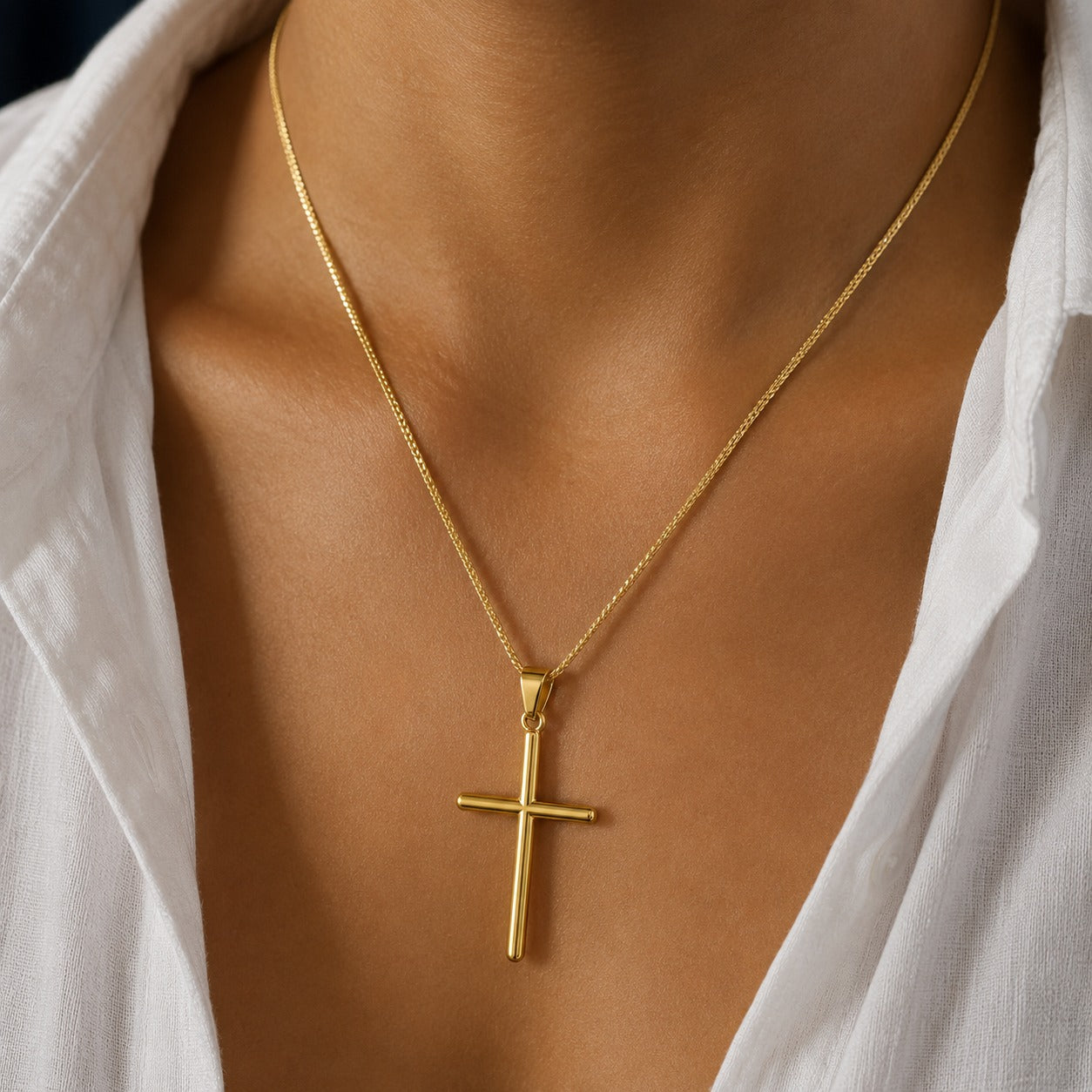 COLAR INOX DOURADO CRUZ LISA CLÁSSICA