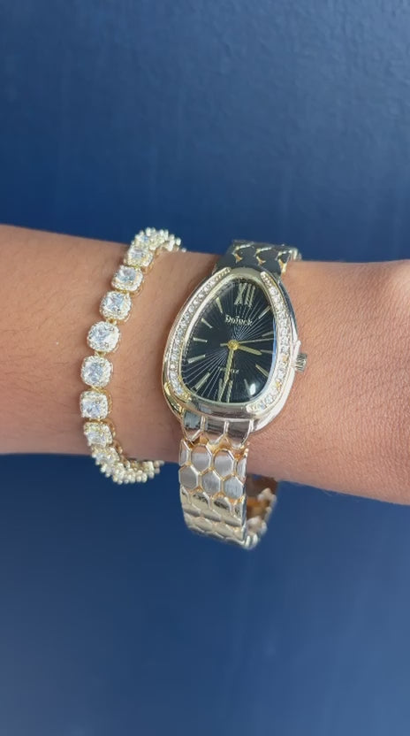 Relógio Feminino Luxo Dourado/Preto Oval